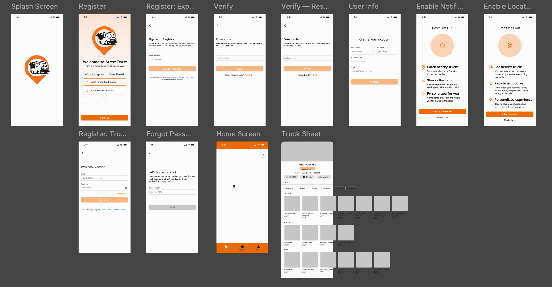 High-fidelity wireframes for the onboarding and home screens
