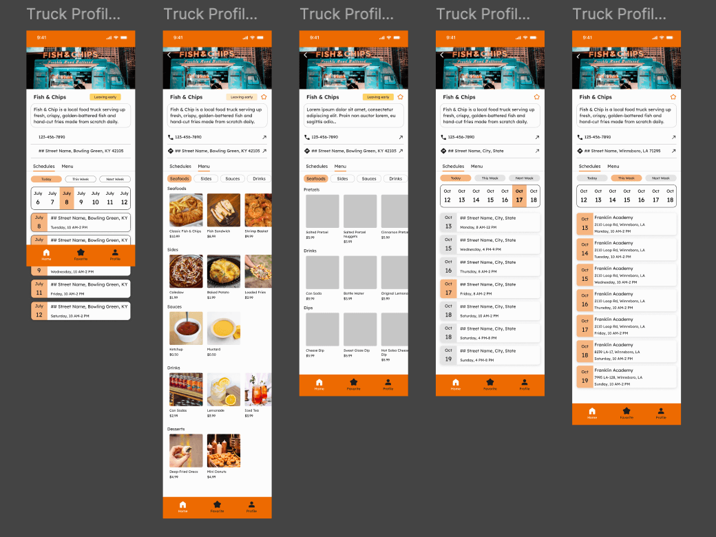 High-fidelity wireframes for the food truck profile screens