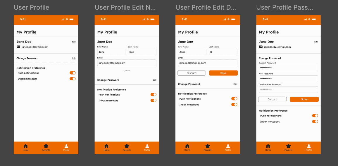 High-fidelity wireframes for the schedule and menu screens