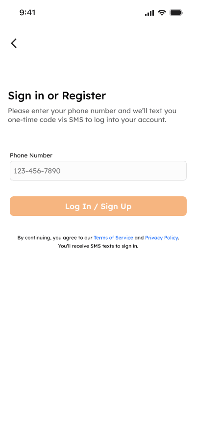 Sign in or register screen with a phone number field
