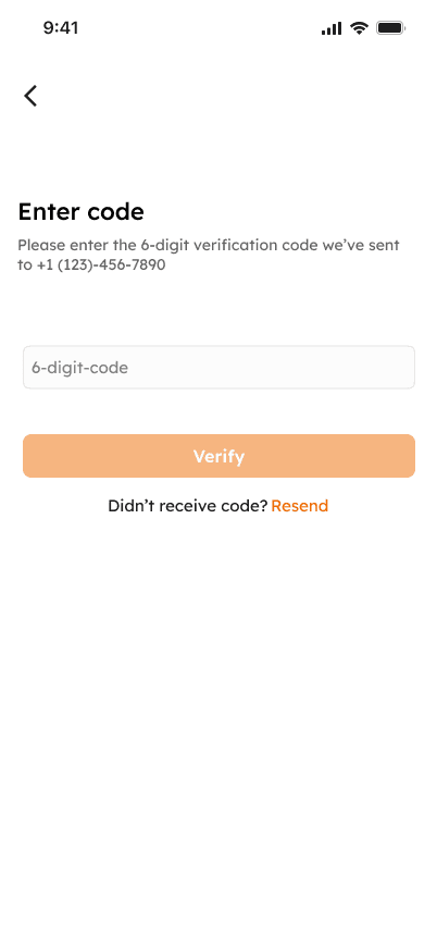 Verification screen for entering the six-digit code sent by SMS