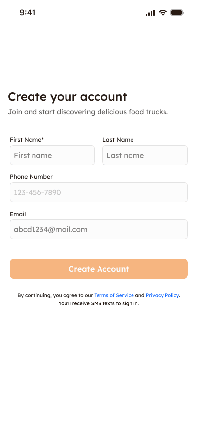 Create your account screen with name, phone number and email fields