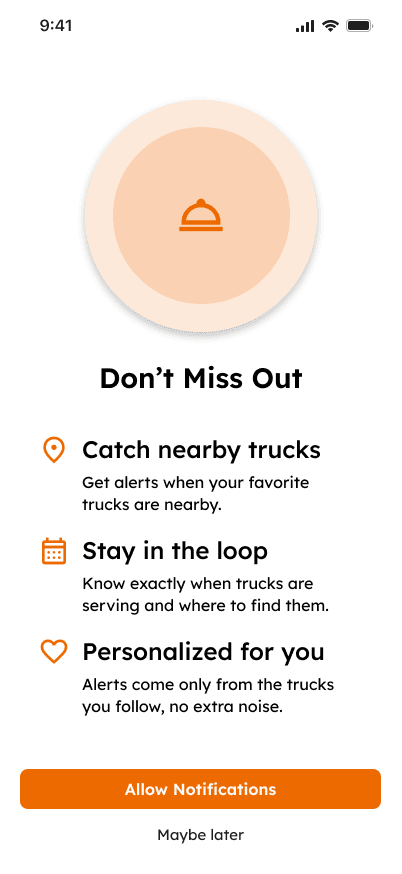 Notification permission screen explaining alerts for nearby trucks