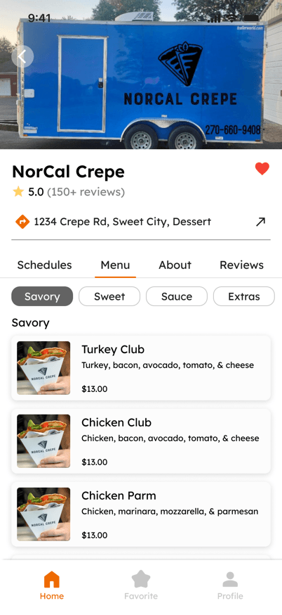 Food truck profile showing the Menu tab with savory items and prices