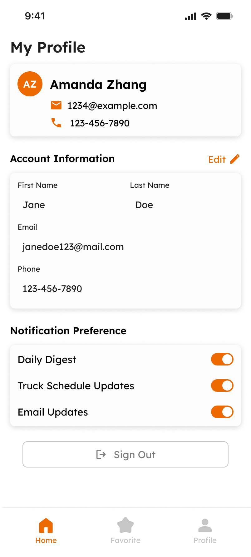 My Profile screen showing account information and notification preferences