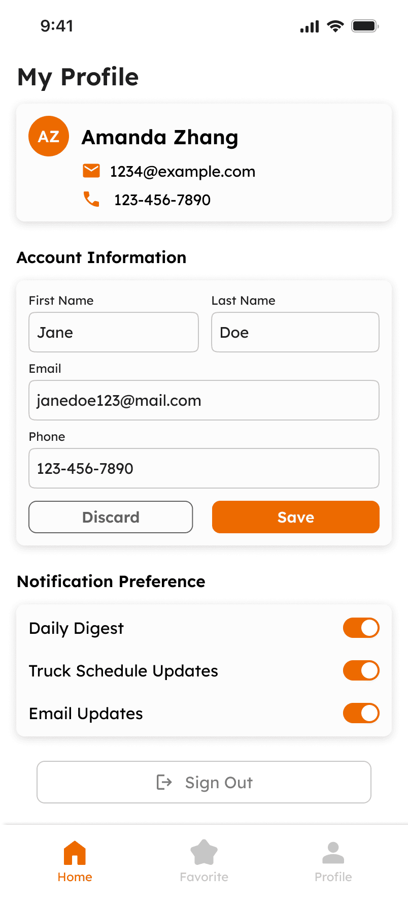 My Profile screen in edit mode with editable fields and save controls